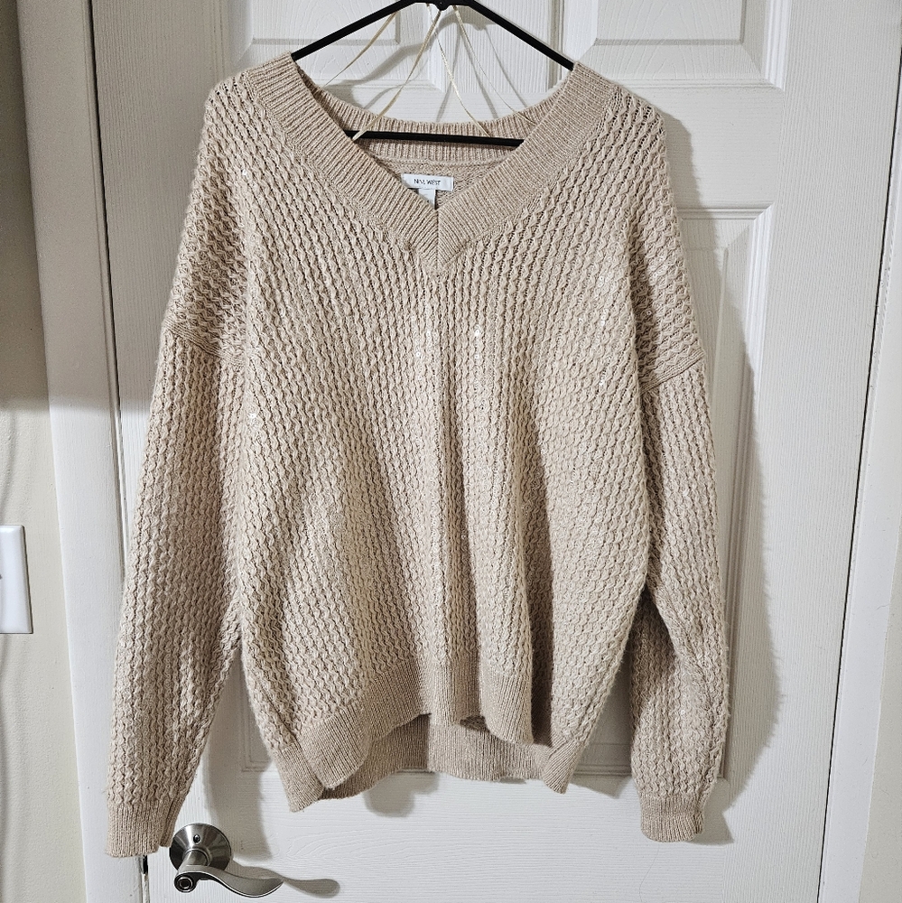 NINE WEST Knit Sweater, Medium V-Neck Papyrus Beige Sequin